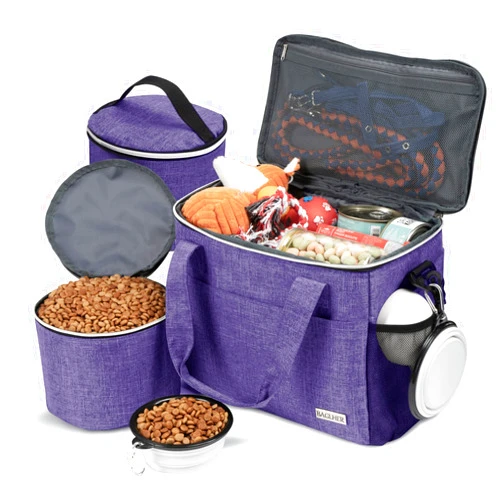 BAGLHER Dog Travel Bag Backpack Pet Supplies Backpack Pet Accessories Storage Bag 5-Piece Set with Shoulder Strap 2 Lined Pet Food Containers 4 Foldable Feeding Bowls Essential Kit for Pet Travel