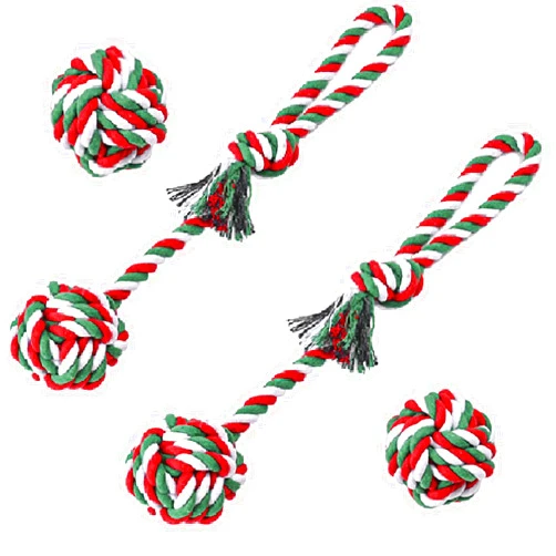 Nlmskzzy Dog Chew Toys,Dog Toys for Small Dogs and Medium Dogs for Boredom and Stimulating Teeth Cleaning Gum Massage Tug Christmas Dog Ball Rope Toy Set of 4