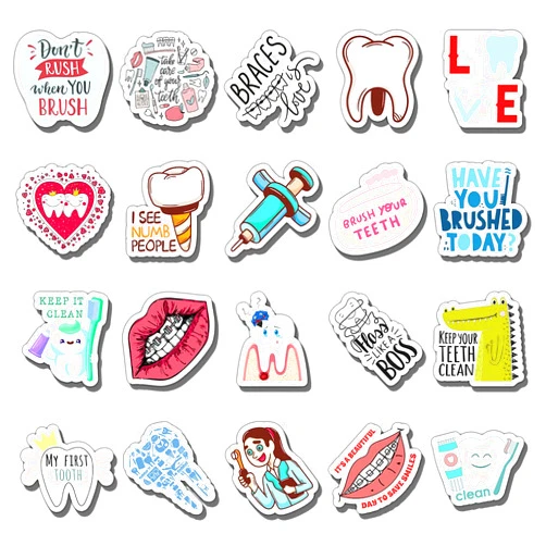 GOLEEX 20 Pack Pcs Waterproof Vinyl Doctor Dentist Sticker Items for Children Kids Teens Birthday Gifts Tooth Shaped Graphics Decals Braces Decal Laptop Computer Stickers