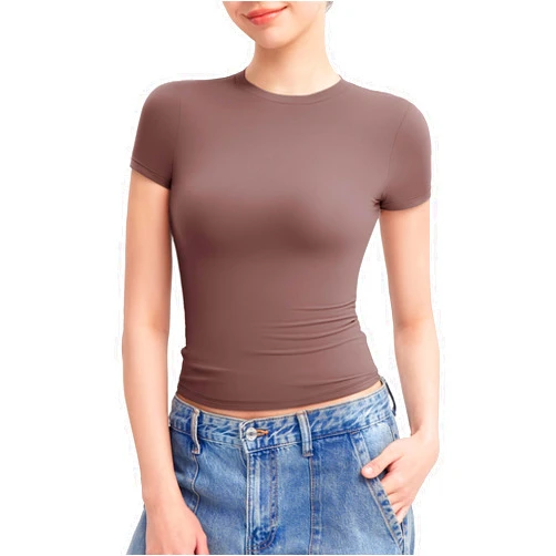 PUMIEY Women's Crew Neck Short Sleeve Tops Double Lined Slim Fit T Shirts Basic Tee Smoke Cloud Pro Collection