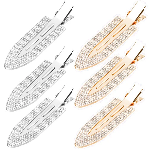 PAGOW 6Pcs Rhinestone No Bend Hair Clips, bangs hair clip with Metal Shiny Styling Diamond,No Dent No Crease Makeup Hair Clips for Women and Girls (3 Silvery & 3 Gold)