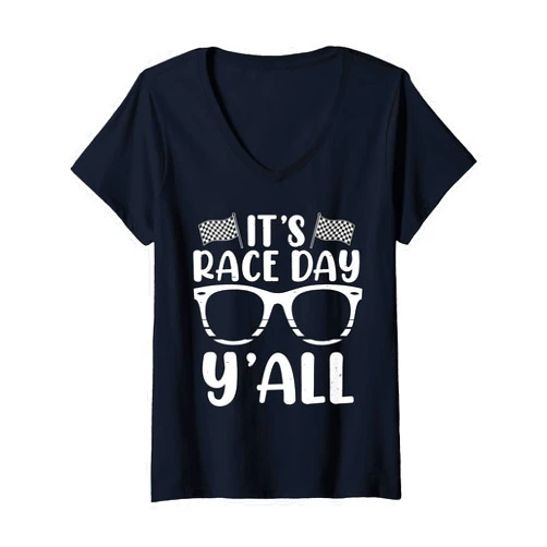 It's Race Day Y'all Race Car Checkered Flag Womens It's Race Day Y'all Checkered Flag Car Racing Race Car Lover V-Neck T-Shirt