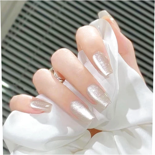 BYETOCE Square Short False Nails, 24 Pcs Press-on Nails with Galactic White Cat Eyes Designs, Plastic, Full Coverage, Glossy Finish, Reusable, for Women
