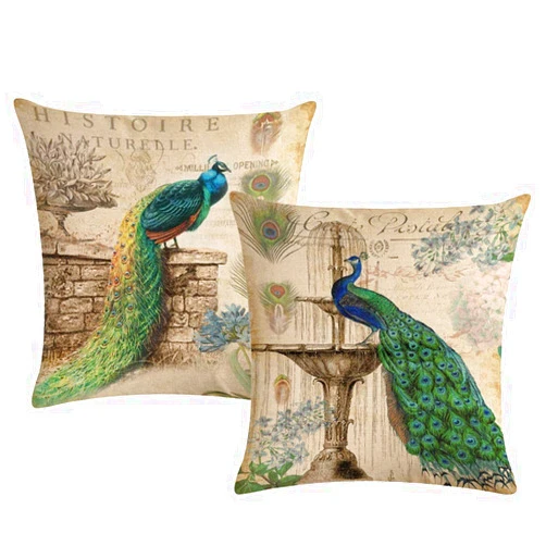 ULOVE LOVE YOURSELF 2Pack Peacock Throw Pillow Covers Only Decorative Square Pillowcases Cotton Linen Cushion Cover 18 X 18 Inch (Peacock)