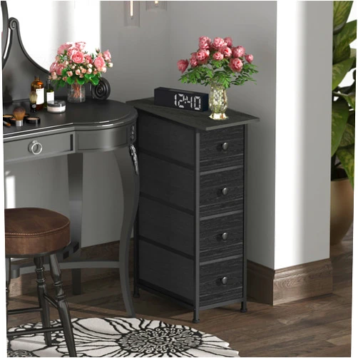 GiftGo Narrow Dresser Vertical Slim Dresser Chest of Drawers Skinny Storage Tower for Small Spaces Gaps Closet Bedroom Bathroom Small Fabric Drawer Unit (Charcoal Black, 4 Drawers)