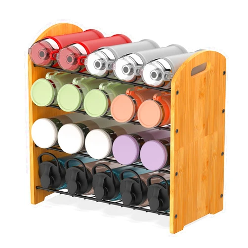 Msoesticc.dl 4 Tier Water Bottle Organizer, Stackable Bamboo Water Bottle Holder, Water Bottle Storage Rack Tumbler Travel Mug Cup Organizer for Kitchen Cabinet Countertop Pantry (Black)