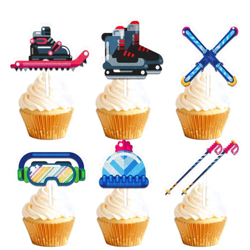 Uwaikin 18pcs Glitter Skiing Equipment Cupcake Topper Winter Sport Skiing Theme Decor Supplies Men Women Happy Birthday Party Decorations