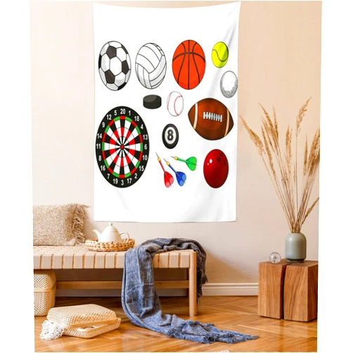 Lunarable Sports Tapestry Twin Size, Variety of Activities Different Games Balls Dartboard Hockey Puck and Pins, Wall Hanging Bedspread Bed Cover Wall Decor, Twin Size, Orange Black