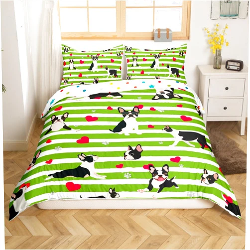 Erosebridal Cartoon Dog Duvet Cover Funny Cute Boston Terrier Dog Bedding Set Twin Size Pink Heart Green Super Soft Comforter Cover Farmhouse Pet Puppy Animal Quilt Cover For Kids Boys Girls Bedroom Decor