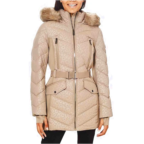 Michael Michael Kors Women's Logo Lepaord Belted Hood Puffer Coat Taupe Animal (xl)