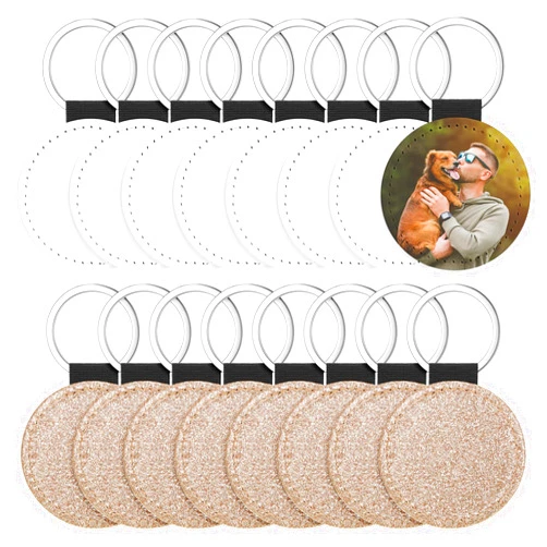 Equsion 16 Pcs Sublimation Blanks Keychain Glitter PU Leather Keychain Heat Transfer Keyring for DIY Crafts Making