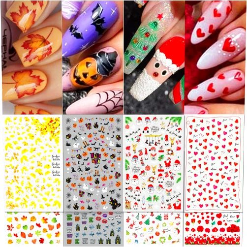 TailaiMei 24 Sheet All Holidays Nail Art Stickers, Christmas Valentine's Day Mixed Seasons Variety Pack for Halloween Fall Nail Decals, Self-Adhesive Design Thanksgiving Nail Decorations (Classical)