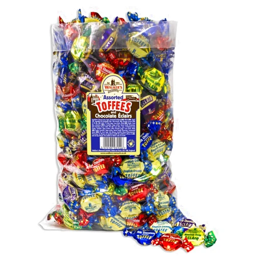 Walkers' Nonsuch Assorted Toffees & Chocolate Éclairs | 5.51 lbs (2.5kg) Bulk Bag | Contains English Creamy, Milk & Dark Chocolate Covered, Banana Split & Milk Toffees | Traditional British Candy