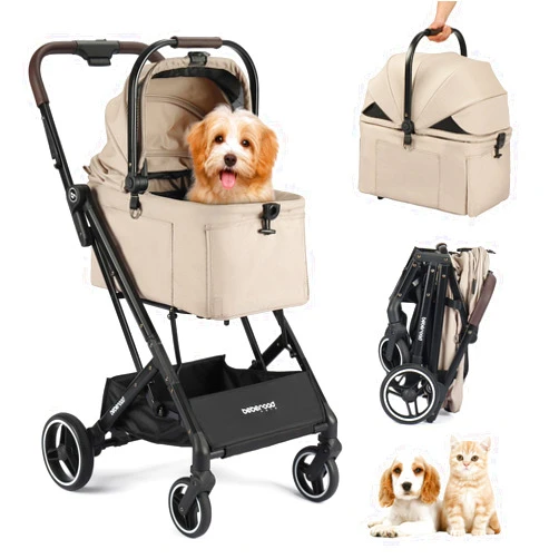 BEBEROAD PETS X2 Pet Stroller, Dog Stroller & Cat Stroller for Small Pets Under 33lbs, Equipped with Detachable & Foldable Carrier, Waterproof Pad & Sunshade Canopy,Camel