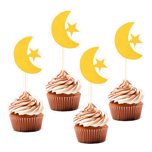 Bremorou 40 Set Gold Moon Star Cupcake Topper Eid Mubarak Cupcake Topper Decorations Ramadan Cake Supplies Eid Mubarak Party Supplies For Birthday Wedding Ramadan Kareem Islamic Muslim Party Supplies