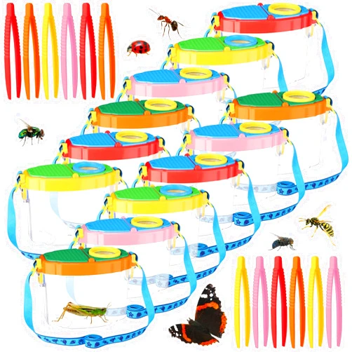 Halloscume 12 Pack Insect Bug Viewer Kit with Tweezers Explorer Outdoor Set Bug Catcher Containers for Insects Magnifying Box(Red and Blue, Yellow and Green, Powder Blue, Orange-Green)