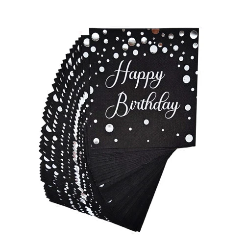TAPARU 40pcs Black Silver Happy Birthday Napkins,Disposable Tableware Dinnerware Cocktail Napkins for Women and Men Birthday Party Decoration