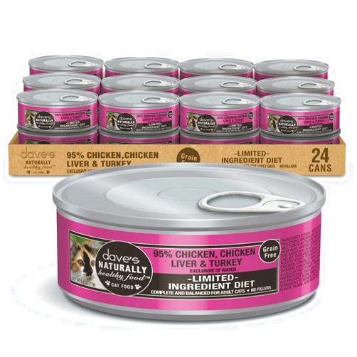 Dave's Pet Food Grain Free Wet Cat Food (95% Chicken, Chicken Liver, Turkey Pate), Made in Canada Naturally Healthy Canned Cat Food, Added Vitamins, Wheat & Gluten-Free, 5.5 oz Cans (Case of 24)