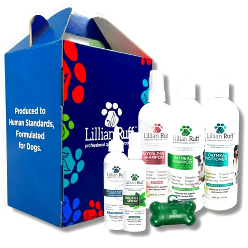 Lillian Ruff Starter Pack Gift Set for Dogs | Oatmeal Shampoo, Oatmeal Conditioner, Waterless Shampoo Citrus, Ear Cleaner & Otic Wax Solvent, Breath Spray, Leash Clip Waste Bag Dispenser with 15 Bags