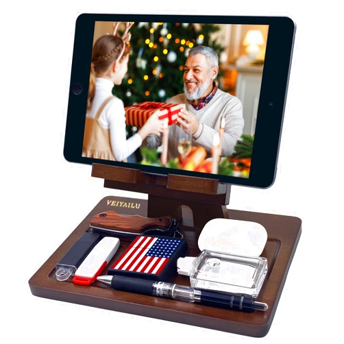 VEIYAILU Ipad Stand for Desk, Adjustable Tablet Stand, Gamer Gifts, Ipad Holder Stand with Wood Tray, Tablet Holder, Phone Stand Compatible with 4-13