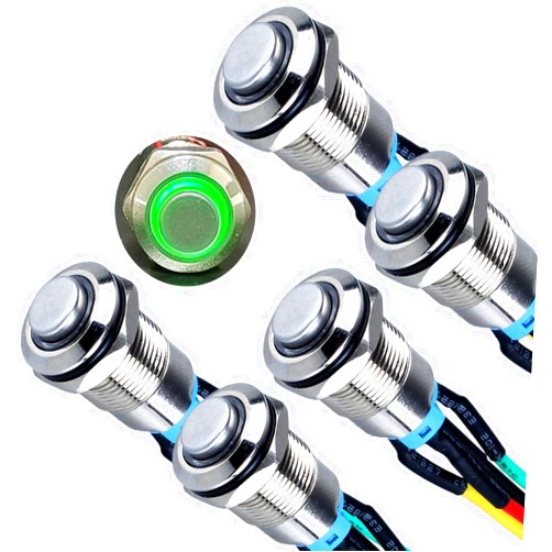 DMWD 5Pcs 12mm Metal Raised Head Latching Push Button Switch Waterproof Anti-Vandal Silver Shell with 15cm Cable 12V-24V 1NO ON/Off for 1/2