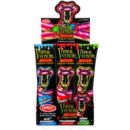 Espeez Viper Venom - 12 Pieces Individually Packed Squeeze Liquid Candy Tubes-Includes 3 Flavors: Blue Raspberry, Strawberry, and Green Apple-Halloween Treats, Party Favors, Holiday Giveaways