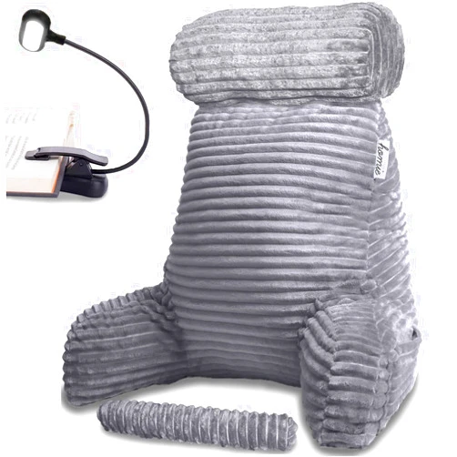 Homie Reading Pillow with Reading Light and Wrist Support, Has Arm Rests, and Back Support for Bed Rest, Lounging, Reading, Working on Laptop, Watching TV (Large, Gray)