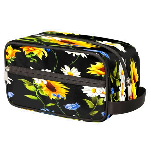 FengQuGou Lovely Flower Travel Toiletry Bag for Men Women, Sunflower Floral Water Resistant Cosmetic Makeup Organizer Bag with Portable Handle, Dopp Kit Shaving Bag for Travel Toiletries Accessories