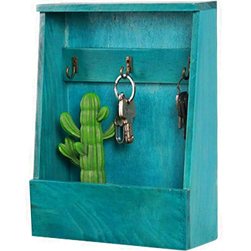 Belecoo WAYUTO Wall Mounted Mail Holder Wooden Key Holder Envelope Organizer Entryway Mail Sorter Organizer with 3 Key Hooks Hanging Rustic Home Decor for Living Room Hallway Kitchen Navy Blue