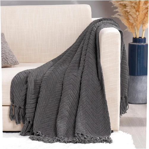 RECYCO Knit Chenille Throw Blanket, Textured Knitted Throw Blankets w/Tassels, Decorative Warm Soft Woven Throw for Couch Bed Chair, Gray, 50x60 in