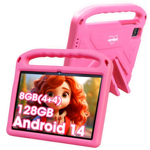 Weelikeit 2024 Upgraded Kids Tablet, Weelikeit 10-Inch Android 14 Tablet for Kids, 8GB (4+4) RAM + 128GB Storage, 6000mAh Long Battery, Dual Cameras, Great Tablet for Toddlers, Case Included (Pink)
