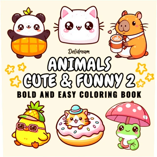 Delidream Art Animals Cute & Funny 2: Bold and Easy Coloring Book for Kids and Adults, 35 Relaxing Stress Relief Illustrations