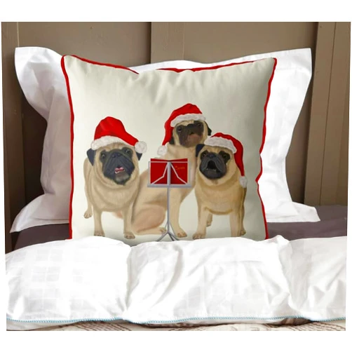 Metr Fabfunky, Pug Dogs Carolling Christmas Holiday Pillow/Cushion Cover, Zippered Base, Full Piping, 18
