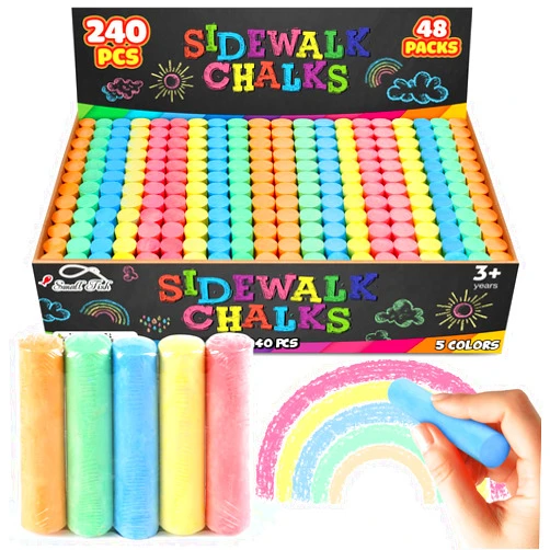 SMALL FISH 240PCS Washable Sidewalk Chalks 48 Individual Packs in 5 Colors, Sidewalk Chalk for Kid, Jumbo Chalk Set, Non-Toxic Dustless Colored Giant Box Chalkboard Chalk for Outdoor Art, Classroom, Party Favors