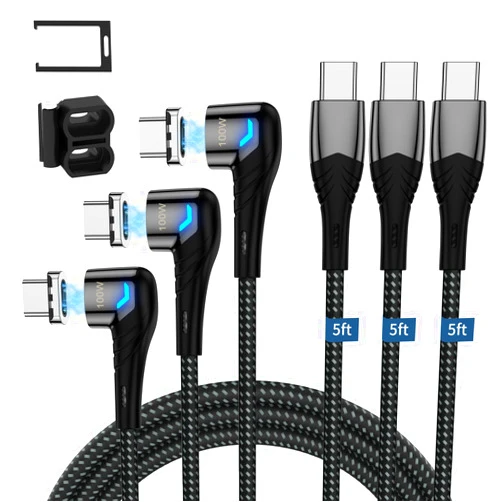 ZBF 100W USB C Magnetic Charging Cable, Right Angle Magnetic Phone Charger Cable(3 Pack, 5/5/5FT) 5A Fast Charging for MacBook Pro/Air, iPad Pro, iPhone 16,14,13 Pro Max,MacBook Pro iPad Galaxy S22