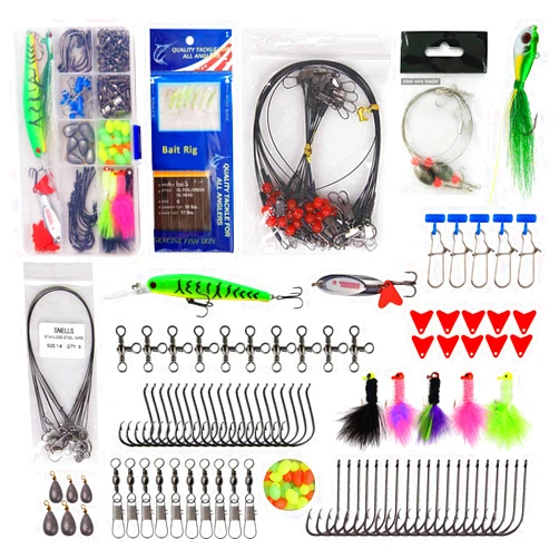 JSHANMEI 150pcs Saltwater Fishing Surf Fishing Tackle Kit Various Accessories Fishing Rigs, Fishing Hooks, Fishing Swivel Snaps, Bucktail Jigs, Fishing Weights