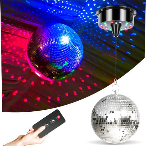 ReyeeInc Disco Ball Light with Remote, Small 6inch Hanging Mirror Ball and Battery Operated Rotating Motor w/ 4 Light Colors and 18 LEDs for Disco Party Decorations, 70s Disco, Birthday Party Decor