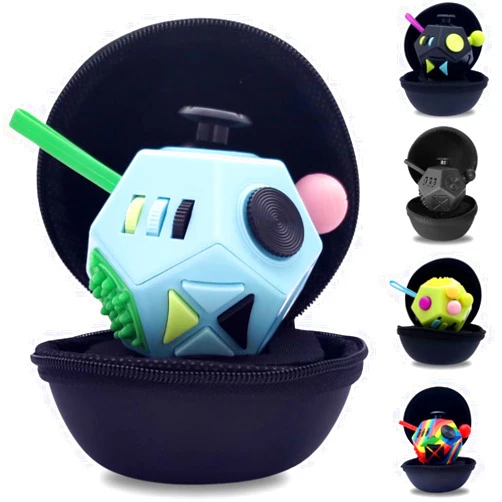 PILPOC theFube Fidget Cube with 12 Sides - Handy Anxiety Toys for Kids and Adults - Fidget Dice for Stress Relief & Focus - Anti Stress Cube for ADHD, ADD, with Carry Case (Light Blue & Mix)