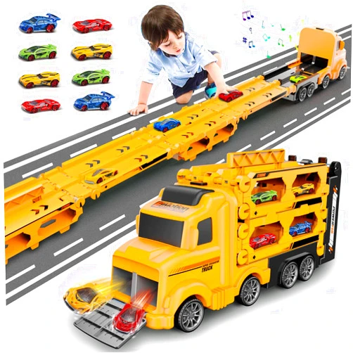 Veslier Race Car Track Toddlers Toys,Race Tracks for Kids with 3 Foldable Layer Car Race Track Playset,Transport Car Carrier & 8 Race Cars,Birthday Gifts for 3 4 5 6+ Year Old Boys Girls.
