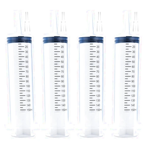 A AKRAF 4 Pack 150ml Syringe with Tip Adapter, Large Plastic Garden Industrial Syringes for Scientific Labs, Measuring, Watering, Refilling, Filtration Multiple Uses