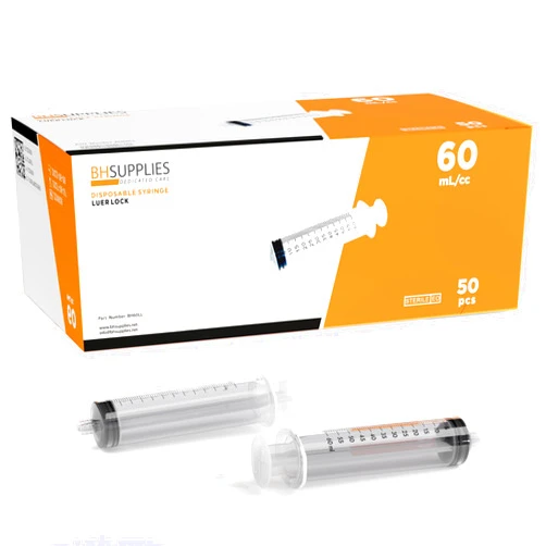 BH Supplies 60ml Luer Lock Tip Syringes (No Needle) - Sterile, Individually Wrapped - 50 Syringes