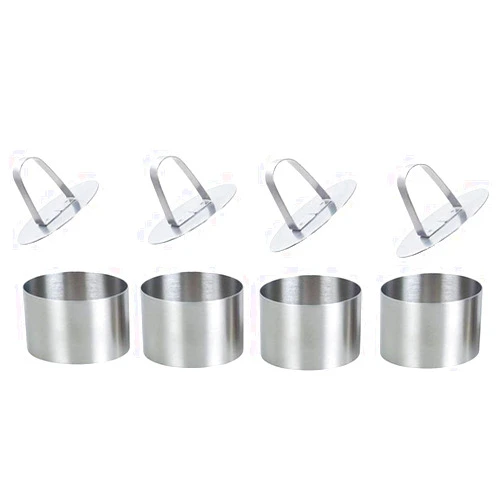 Defemim Round Cake Rings Cake Molds Set of 4, Stainless Steel Mousse and Pastry Mini Baking Ring Mold, Food Rings Dessert Rings Set Including 4 Rings & 4 Food Presses (4 Round)