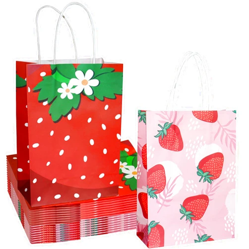 W WINTMING 16Pcs Strawberry Party Favor Bags Pink Red Paper Gift Bags with Handles Cute Candy Bag Goodie Bag for Summer Fruit Party Decoration
