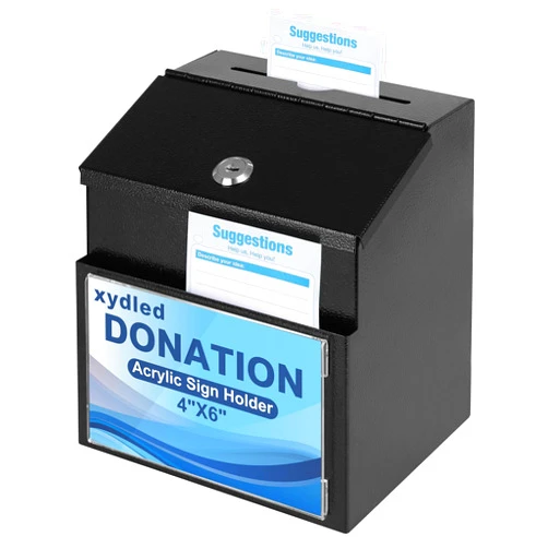 xydled Suggestion Box with Key Lock Magnetic Acrylic Sign Holder, Metal Donation Ballot Drop Box with Slot Tip Jar for Office, Fundraising, Church, School, 8.1'' x 7.1'' x 5.7'', Black