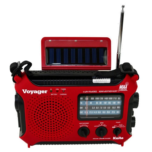 Kaito KA500IP-RED Voyager Solar/Dynamo AM/FM/SW NOAA Weather Radio with Alert and Cell Phone Charger, Red