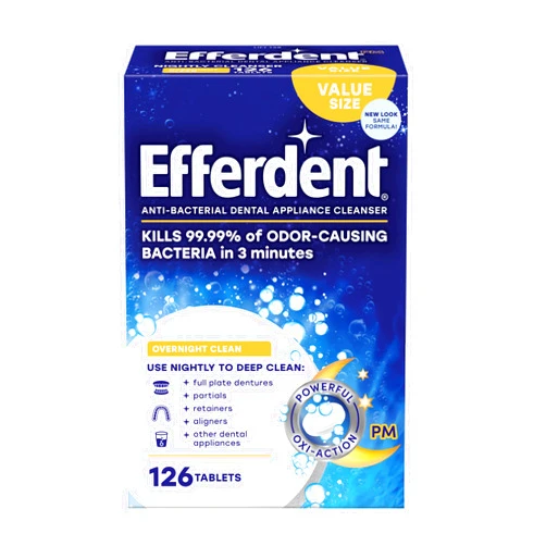 Efferdent Retainer Cleaning Tablets, Denture Cleanser Tablets For Dental Appliances, Overnight Whitening, 126 Tablets BLUE