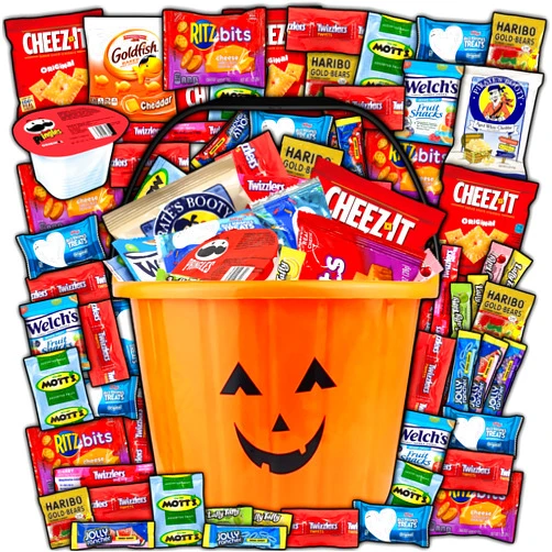 Taboom Halloween Candy Gift Basket for Kids and Adults - Trick or Treat Pumpkin Bucket Filled with Assorted Candies, Great Care Package Basket for Boys, Girls and College Students, 45ct