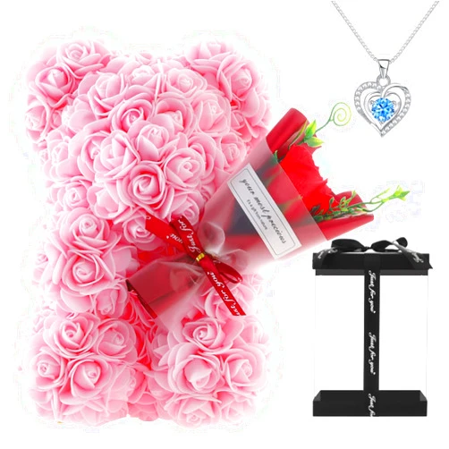 Hodipea Rose Bear Gifts for Women-Best Gift for Valentine's Day,Mother's Day,Christmas,Birthday,Handmade Artificial Rose Teddy Bear Gifts for Girlfriend,Mom, and Daughters,Surprise Clear Gift Box