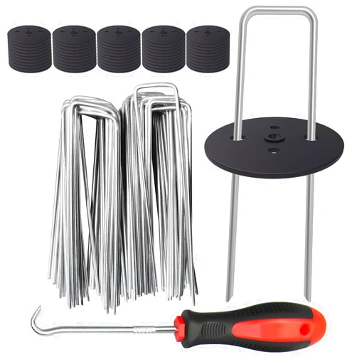 EUOKOK Garden Staples Stakes with 50 Pack Pads,6 Inch 11 Gauge Heavy Duty Galvanized U-Shaped Landscape Pins Yard Ground Pins for Securing Weed Barrier Fabric，Artificial Turf，50 Pack