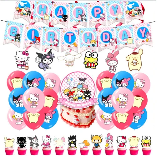 Rondlaho Kawaii Cat and Friend Birthday Decorations Party Supplies Cat Theme Party Favor Include Happy Birthday Banner, Cake Topper, Balloons, Cupcake Toppers